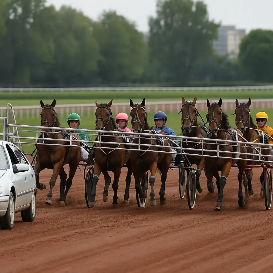 Voiture autostart ailes déployées, précédant le peloton de trotteurs attelés