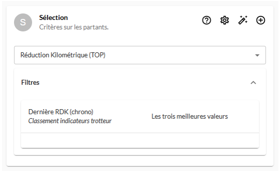 Écran de l'éditeur de sélection : le critère « dernière réduction kilométrique » paramétré par Julien