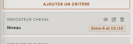 Carte du critère « Niveau » (Indicateur cheval) survolée : boutons œil, crayon et corbeille, et la valeur « Entre 6 et 10 /10 ».