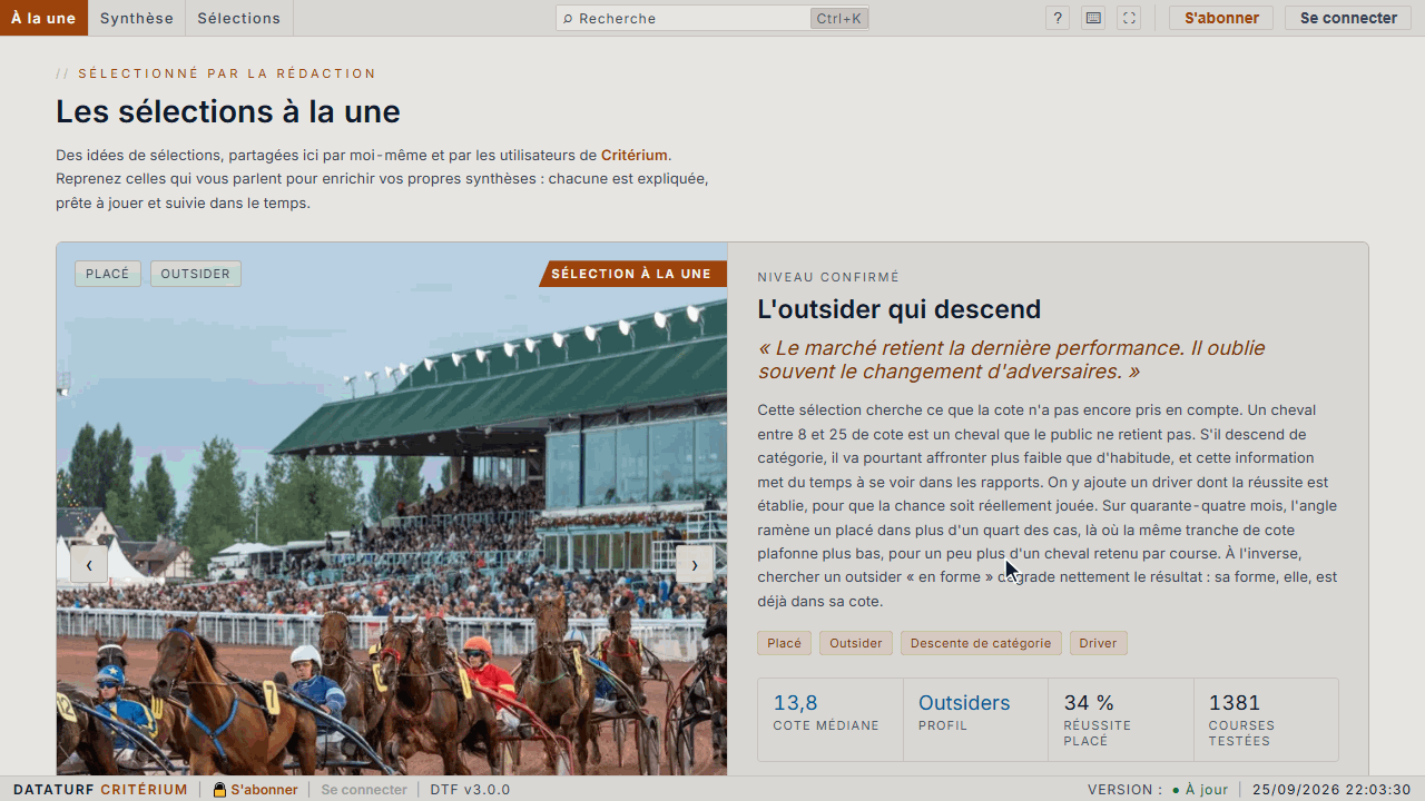 Animation : clic sur la flèche suivante du carrousel, deux fois, puis défilement de la page jusqu'aux derniers résultats et à la grille des sélections.