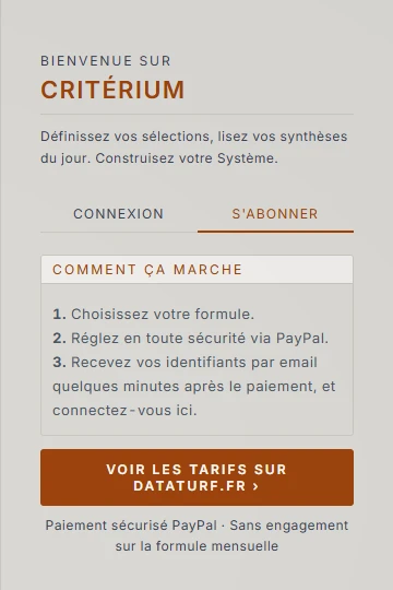 Onglet « S'abonner » de la page de connexion : comment ça marche en trois étapes, et le bouton « Voir les tarifs sur dataturf.fr ».